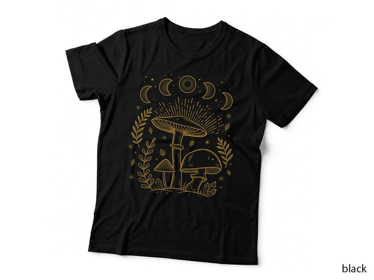Mushrooms Moon Phases Gold Cottagecore Celestial Goblincore T-Shirt Hoodie