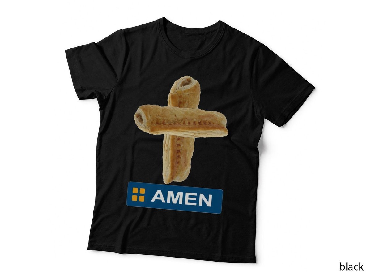 Sausage Roll Cross Amen T-Shirt, Greggs Parody Pastry Art, Funny British