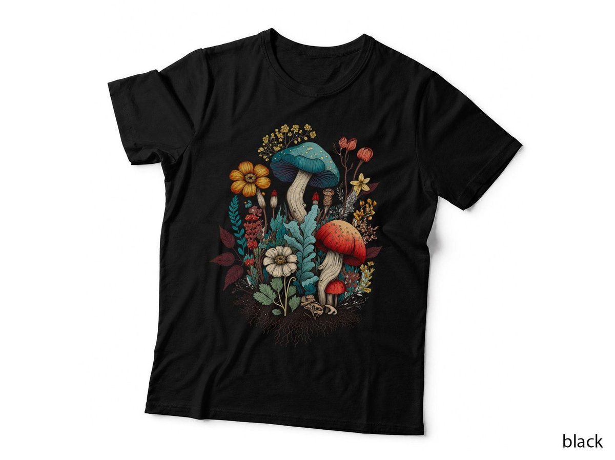 Mushrooms And Flowers Colour Cottagecore Goblincore Botanical T-Shirt Hoodie