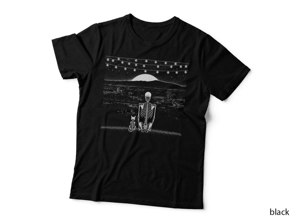 Skeleton And Cat City Lights Gothic Halloween Pet Lover Night T-Shirt Hoodie