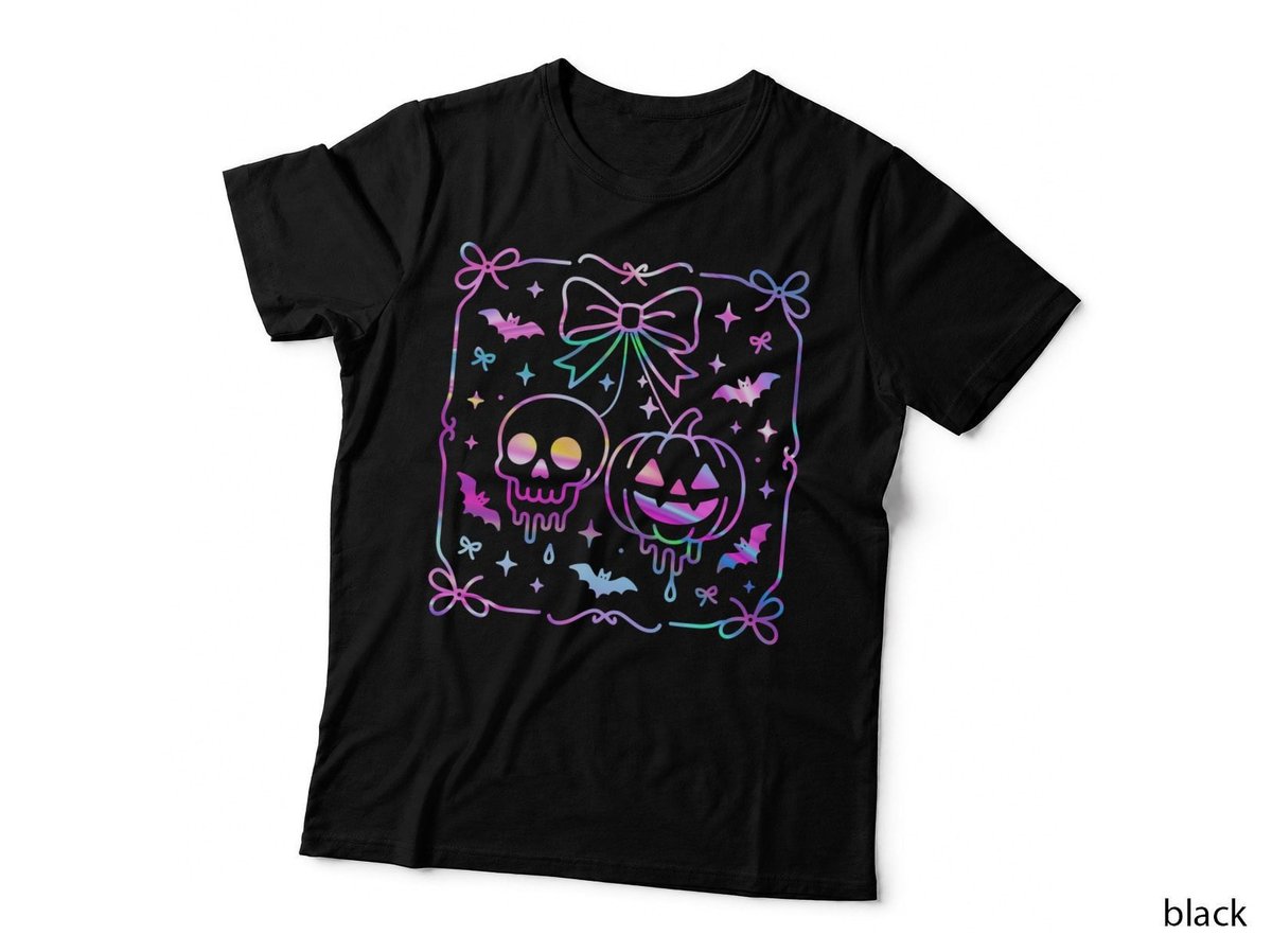 Halloween Pastel Rainbow Skull & Pumpkin T-Shirt, Spooky Festival Style