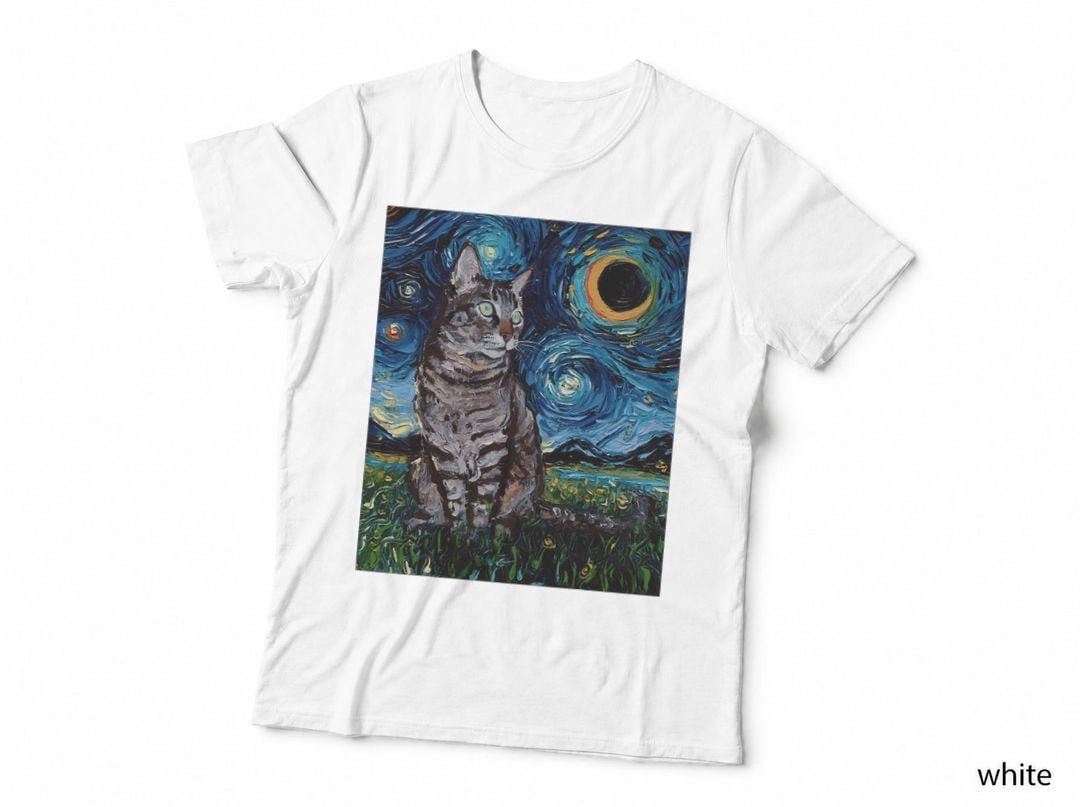 Gray Tabby Tiger Cat Starry Night Moon and Stars Art by Aja T-Shirt
