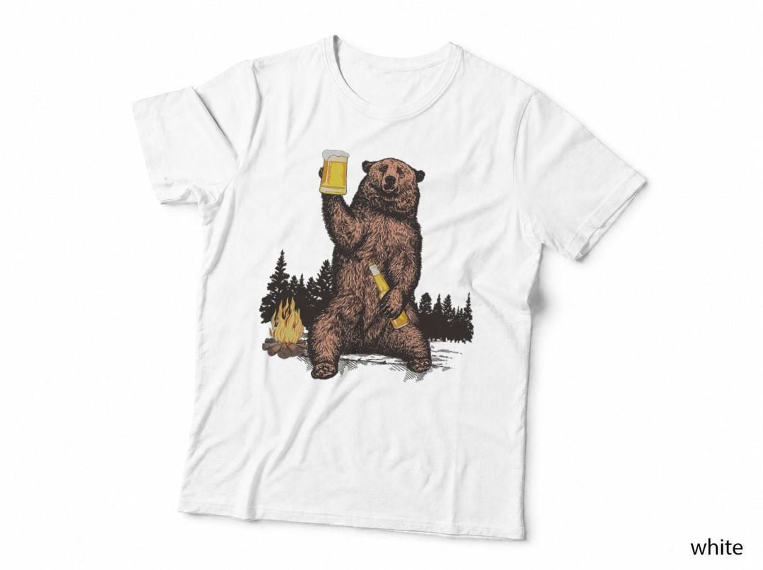 Bear Drinking Beer Camp Fire Woods Outdoor Funny Grizzly T-Shirt