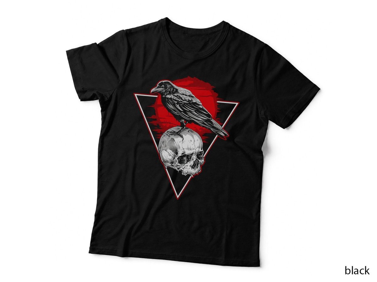Raven On Skull Red Triangle Gothic Crow Occult Halloween Goth T-Shirt Hoodie