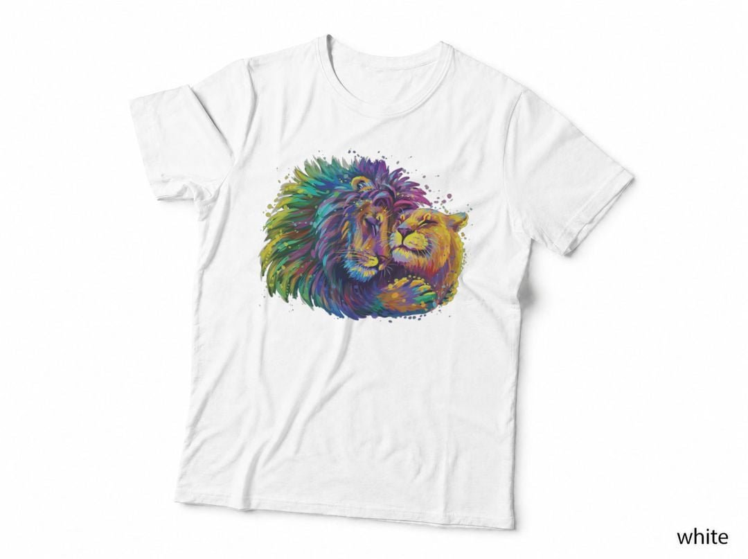 colorful lion embraces lioness in love splash art for lovers T-Shirt