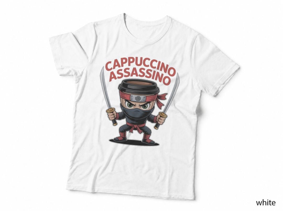 Cappuccino Assassino Italian Brainrot T-Shirt, Twin Katana Coffee Meme Gifts