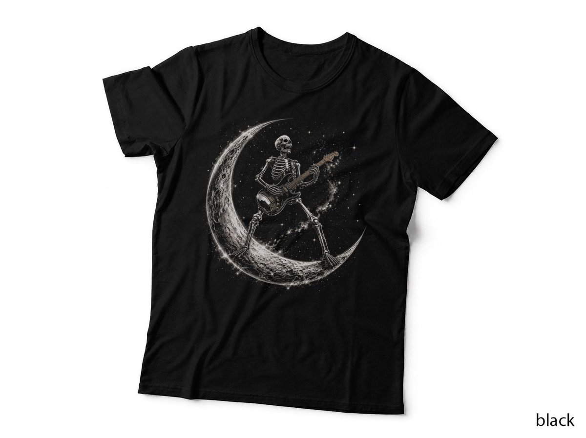 Skeleton Guitarist Crescent Moon Celestial Rock Music Gothic T-Shirt Hoodie