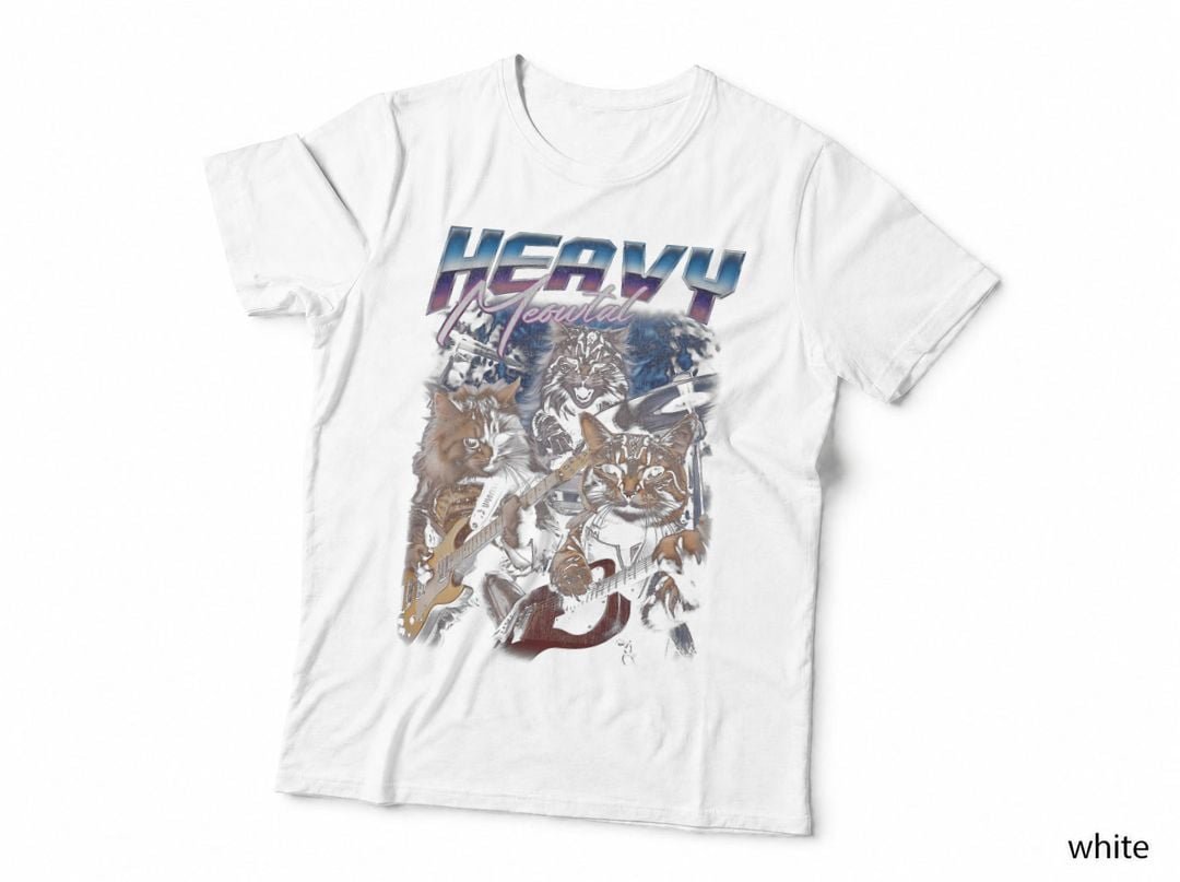 Heavy Meowtal Distressed Rock Cat Playing Guitar Music Bands T-Shirt