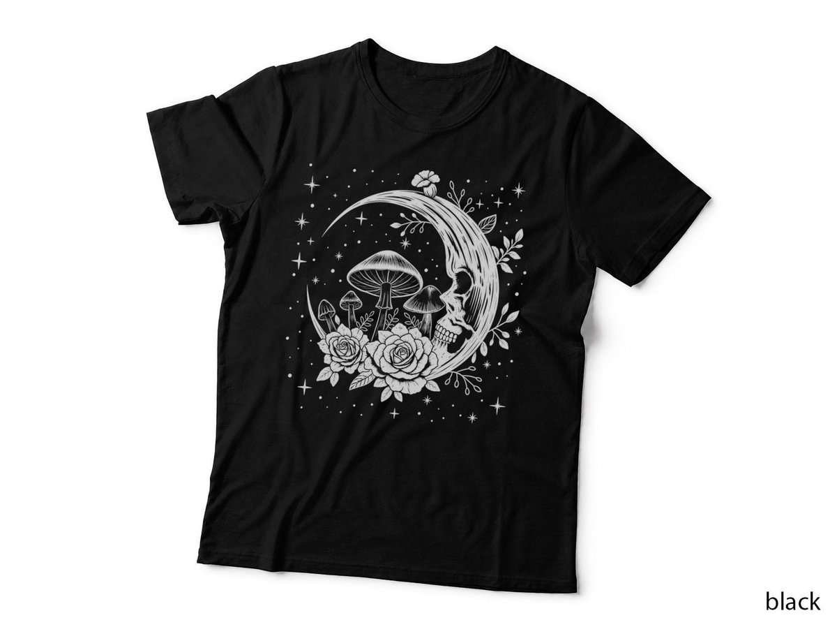 Skull Moon Mushrooms Roses White Witchy Celestial Gothic Boho T-Shirt Hoodie