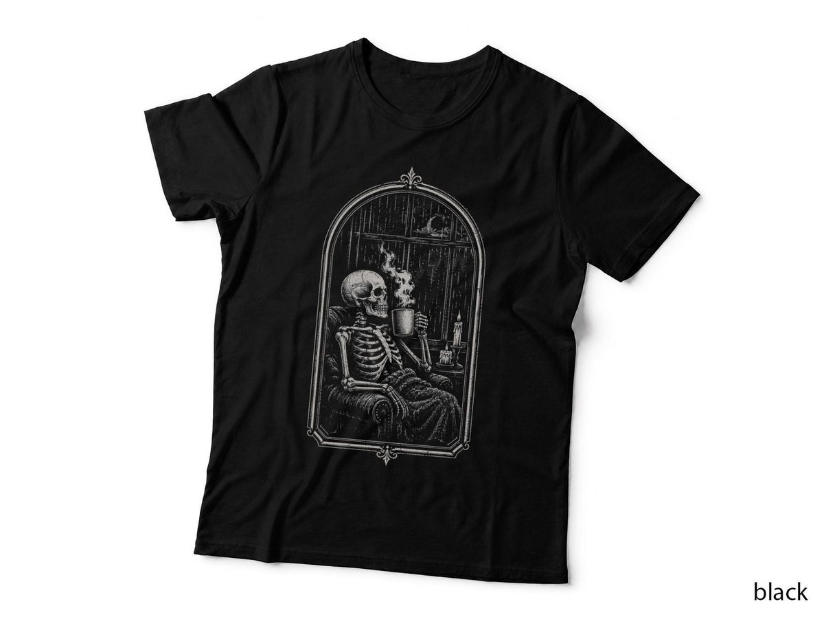 Skeleton Drinking Coffee Window Gothic Halloween Cosy Autumn T-Shirt Hoodie