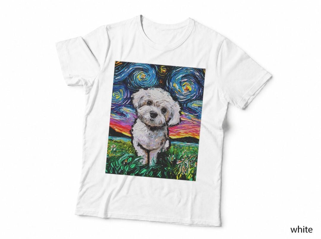 Maltipoo Starry Night White Maltese Poodle Dog Art by Aja T-Shirt