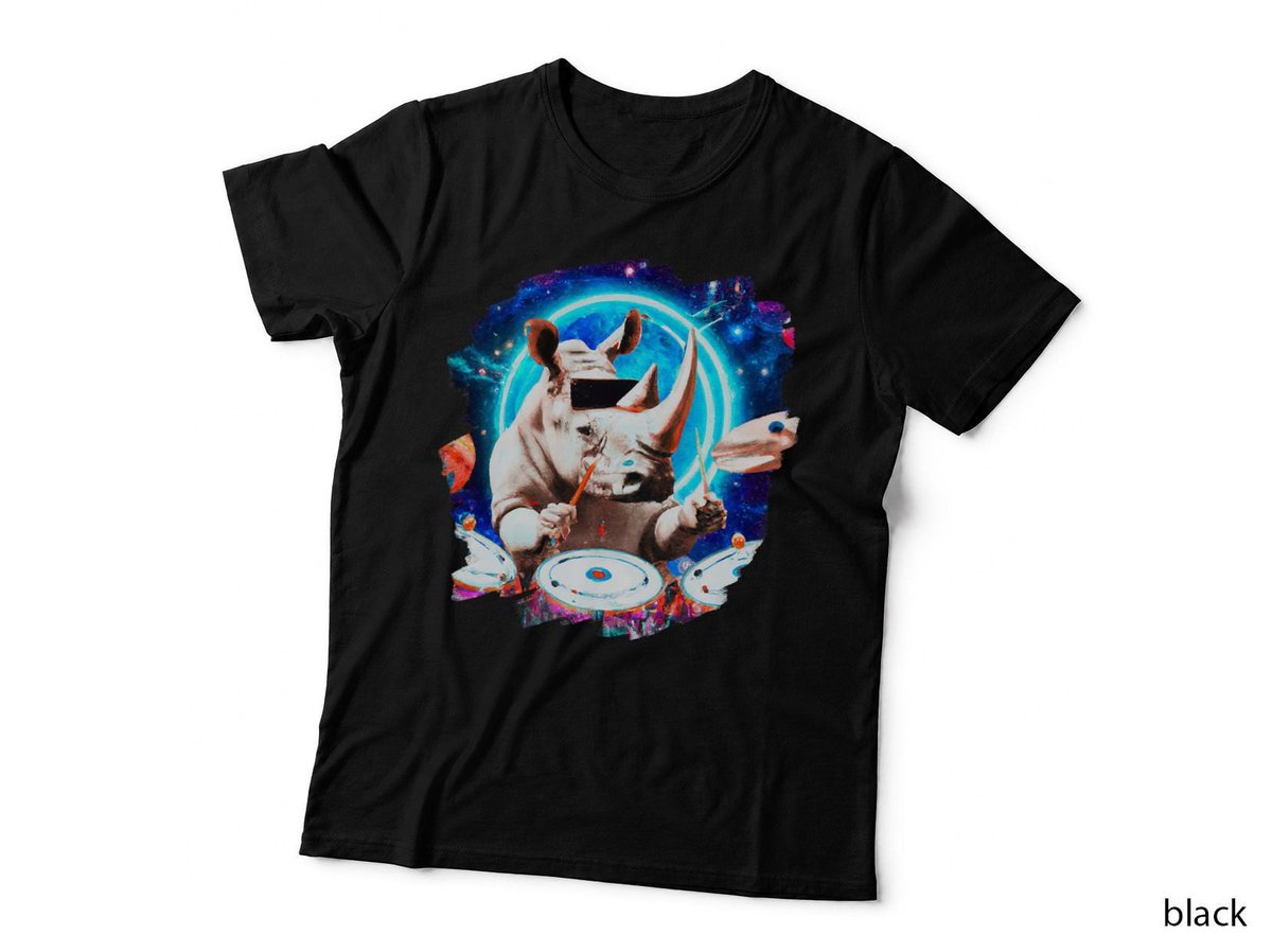 Rhinoceros Playing Drums in Space Outer Space Music Rhino T-Shirt