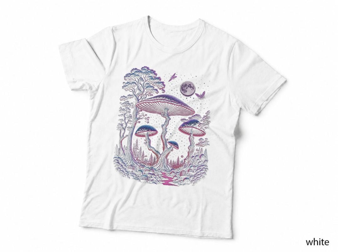 Mushroom Forest Moon Pink Cottagecore Psychedelic Fantasy T-Shirt Hoodie Nature