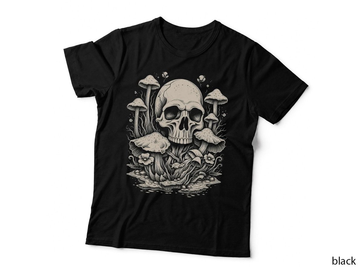 Skull With Mushrooms Line Art Goblincore Gothic Cottagecore T-Shirt Hoodie