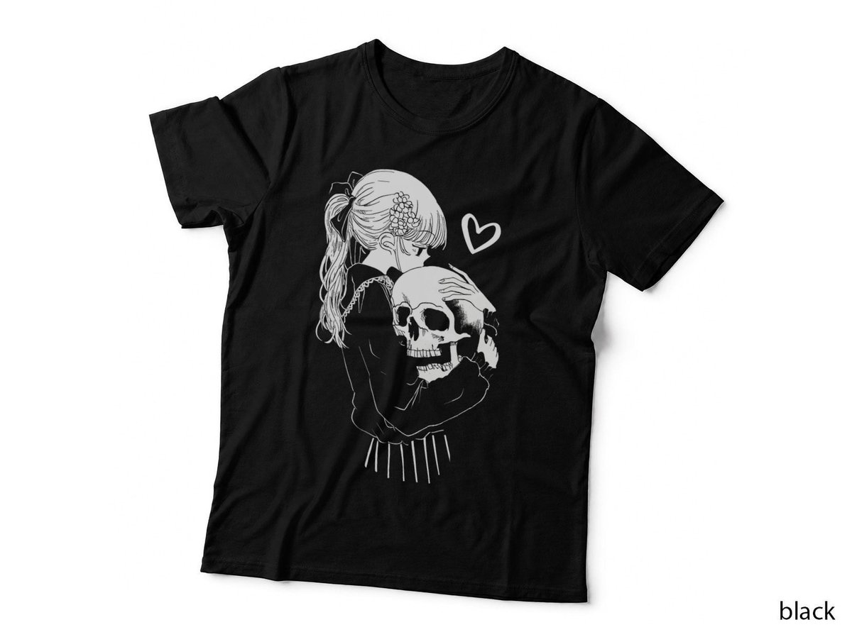 Creepy Cute Anime Schoolgirl Cuddles Skeleton Skull Dark Art T-Shirt