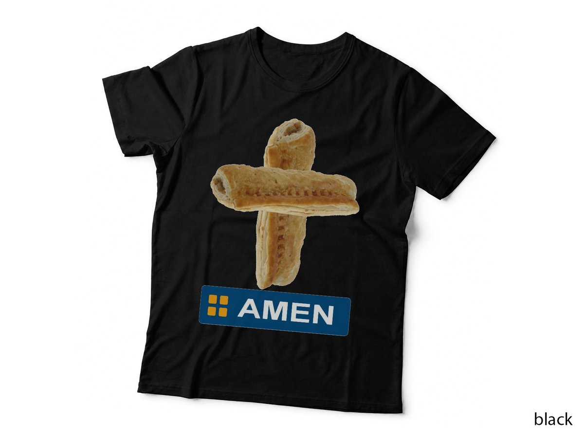 Amen Sausage Roll Cross T-Shirt, British Bakery Humor, Foodie Apparel