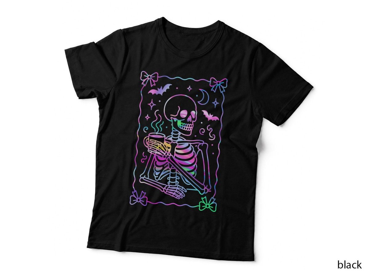 Skeleton Holding Coffee T-Shirt, Pastel Goth Style, Halloween Vibes
