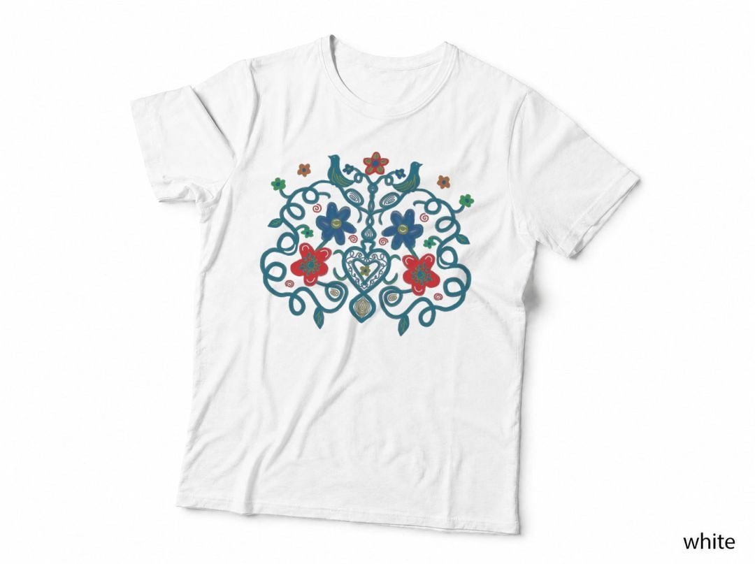 Swedish Folk Art Style Painting Birds Vines Flowers Hearts T-Shirt