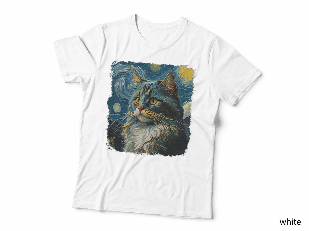 Maine coon Cat Art Van Gogh Inspired Starry Night Cat Design T-Shirt
