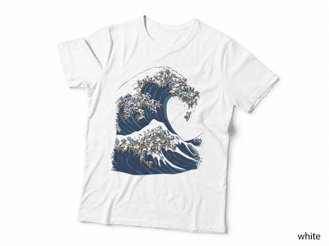The Great Wave of Pugs Funny T- by Huebucket T-Shirt