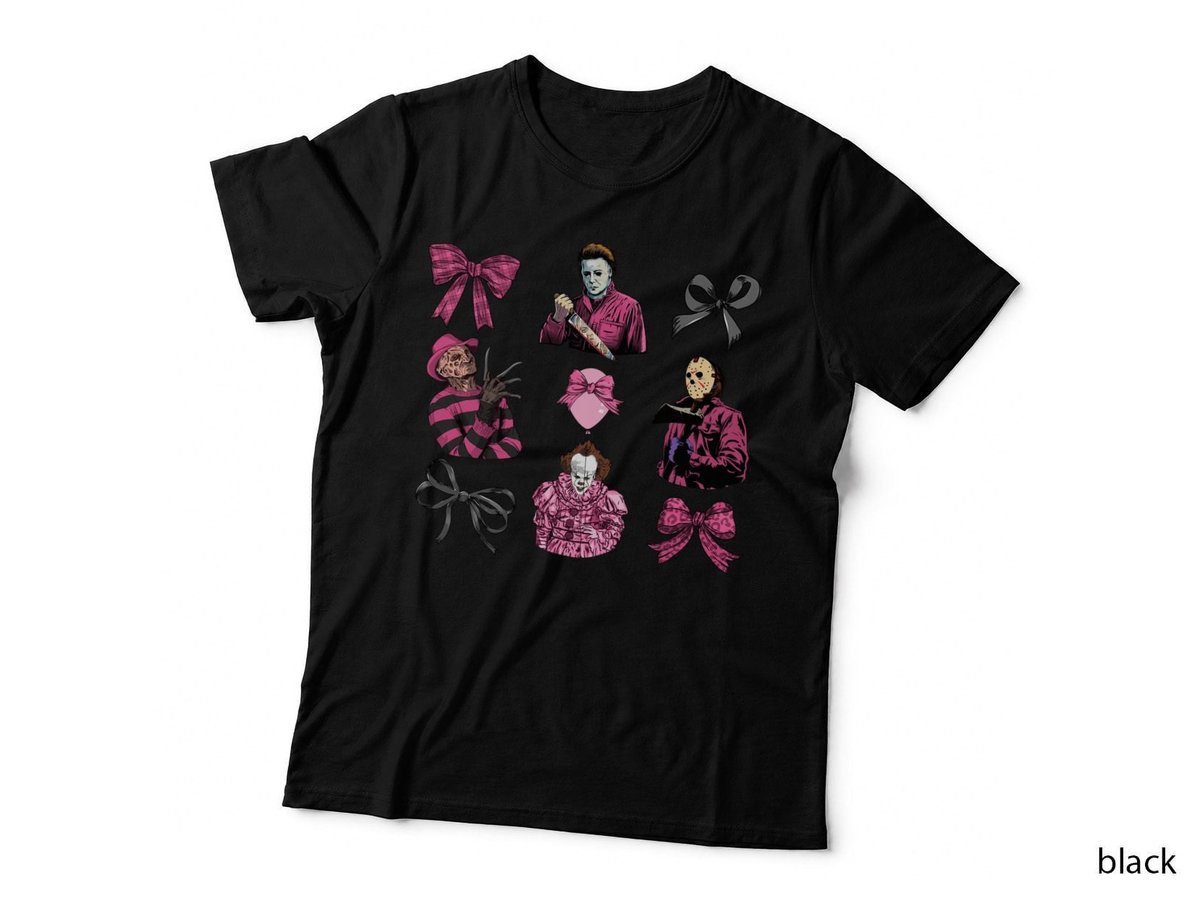 Horror Icons in Pink T-Shirt, Halloween Themed Apparel, Scary Movie Fans