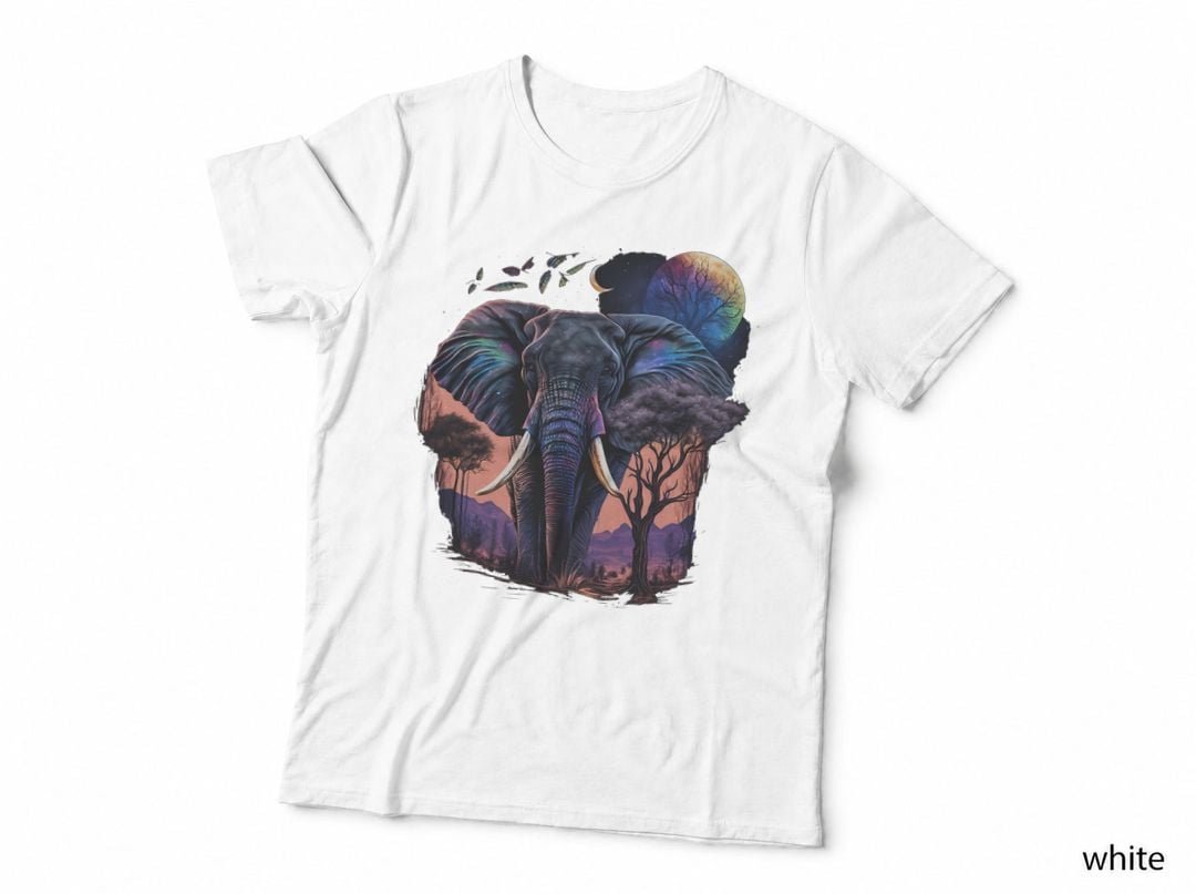 Colorful Realistic Elephant in Wilderness on Moon Elephant T-Shirt