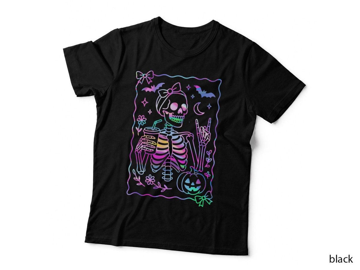 Pastel Rainbow Skeleton T-Shirt, Halloween Goth Style, Trendy Party Wear
