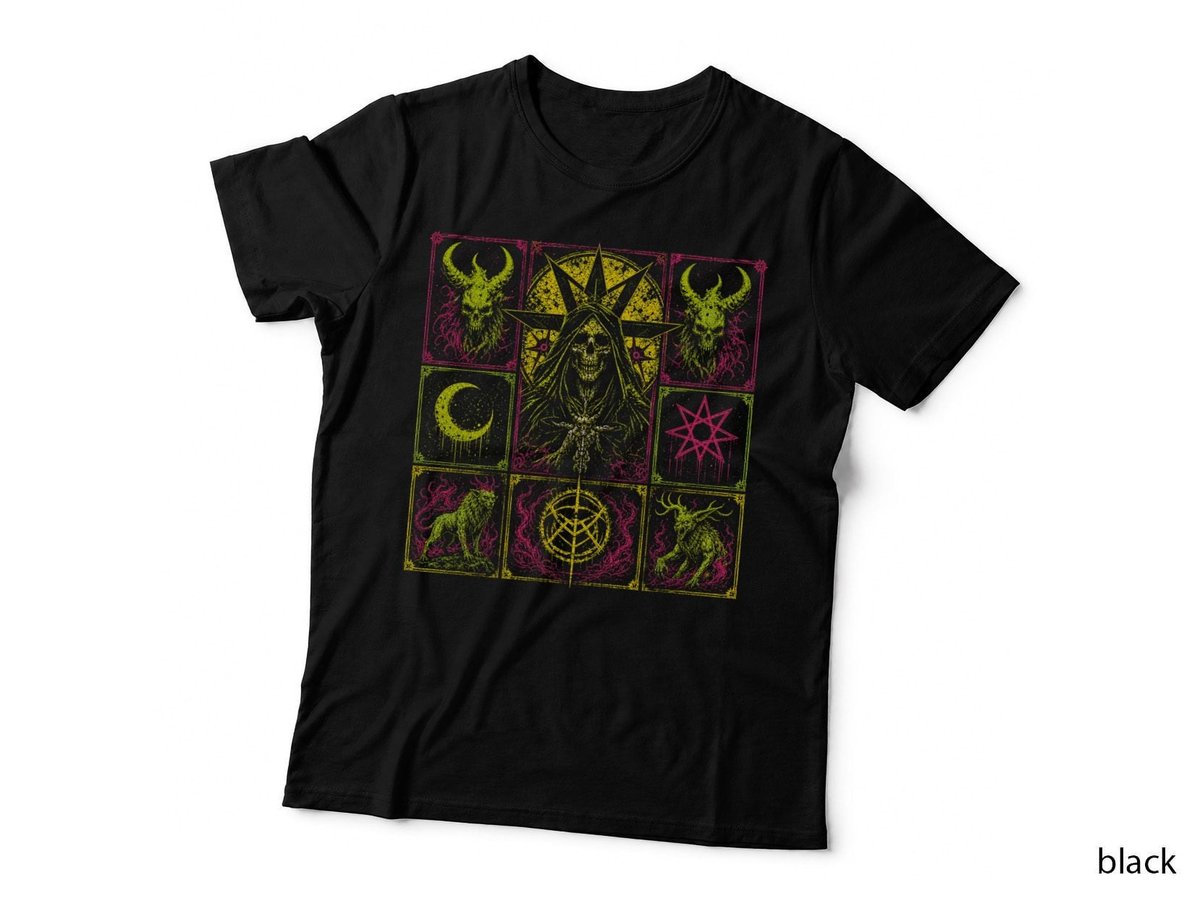 Occult Reaper Goat Grid Neon Gothic Pentagram Satanic Witchy T-Shirt Hoodie