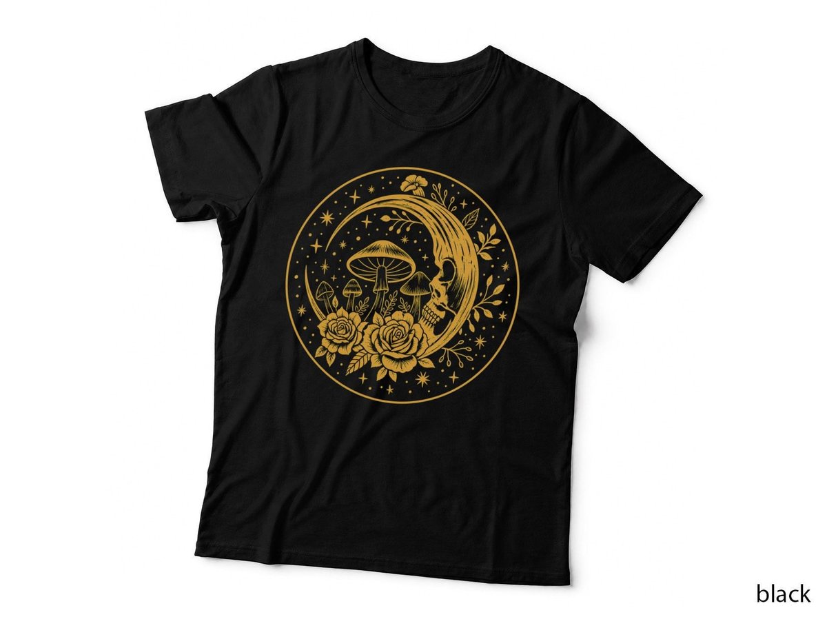 Skull Moon Mushrooms Roses Witchy Celestial Gothic Cottagecore T-Shirt Hoodie
