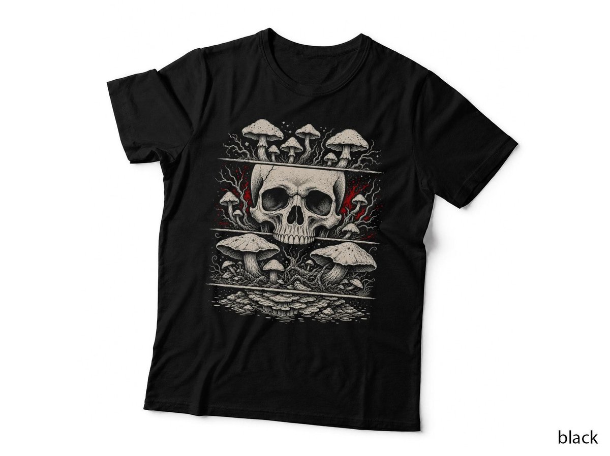Skull And Mushrooms Panels Gothic Goblincore Dark Cottagecore T-Shirt Hoodie