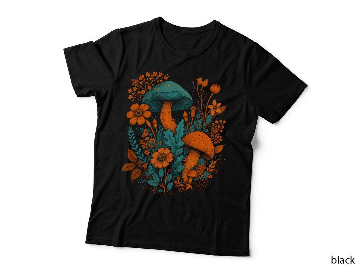 Mushrooms And Flowers Teal Cottagecore Goblincore Botanical T-Shirt Hoodie