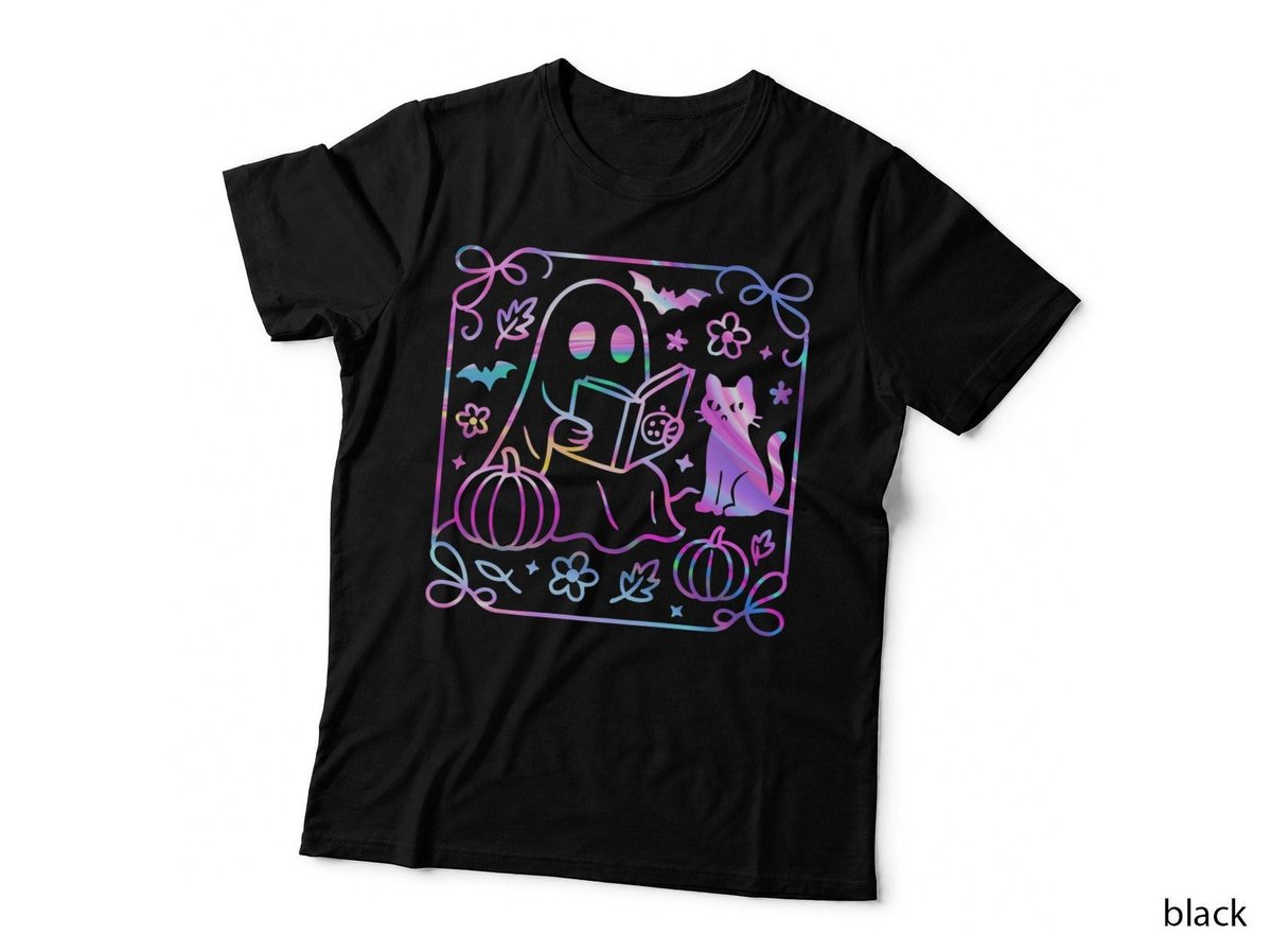 Halloween Ghost Reading T-Shirt, Spooky Bookworm Style, Cat Lovers Apparel