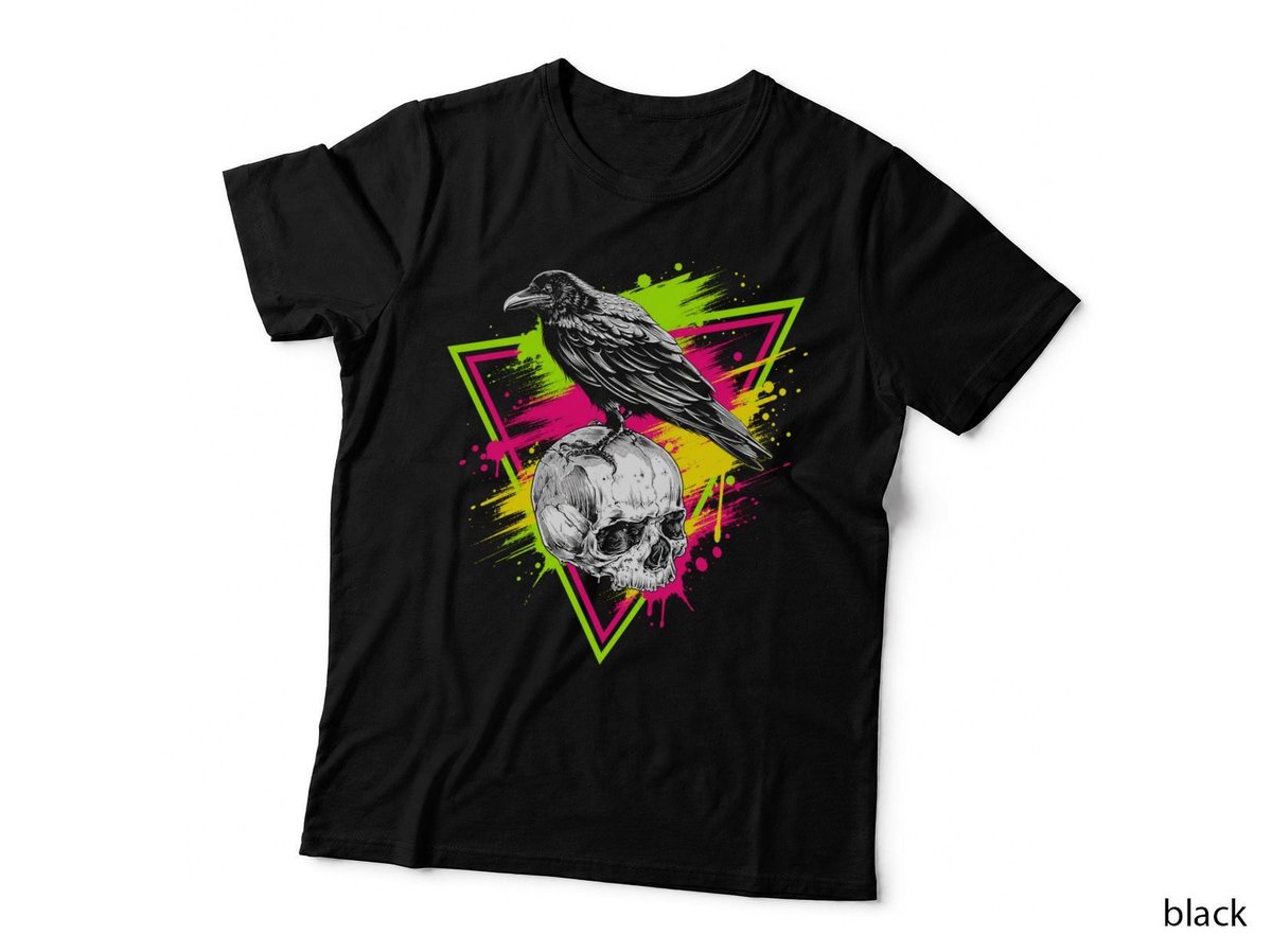 Raven On Skull Neon Triangle Gothic Crow Occult Halloween Goth T-Shirt Hoodie