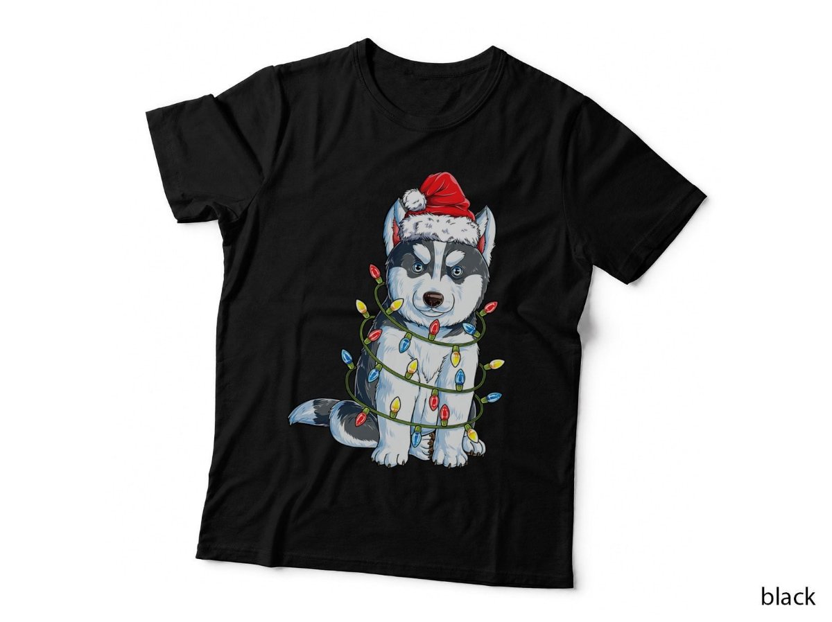 Siberian Husky Santa T-Shirt, Christmas Tree Lights Xmas Dog Lover Hoodie