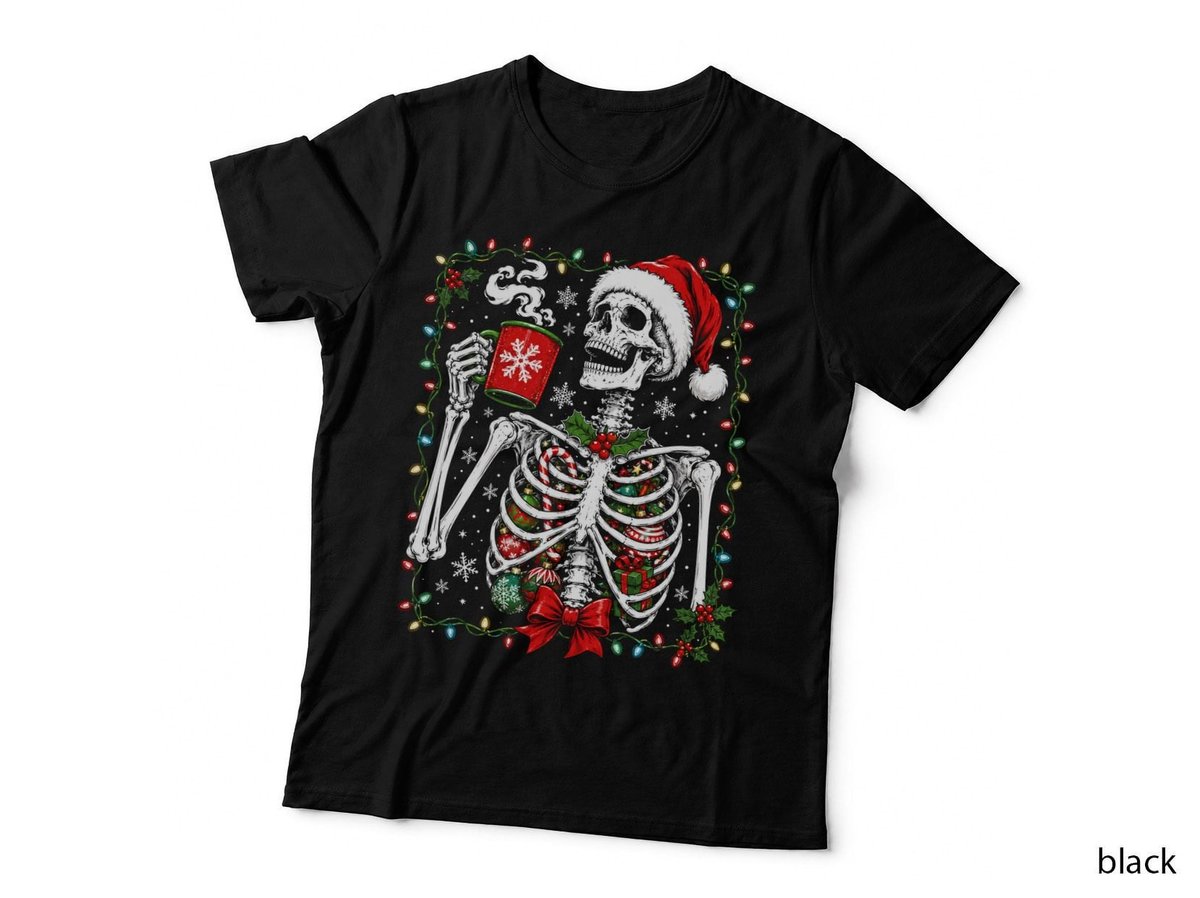 Christmas Skeleton Hot Cocoa Funny Xmas Santa Hat Gothic T-Shirt Hoodie Cosy