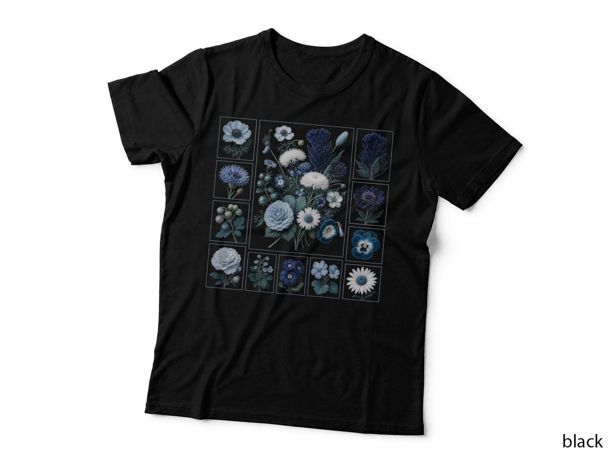 Blue Botanical Flowers Grid Cottagecore Floral Garden T-Shirt Hoodie Vintage